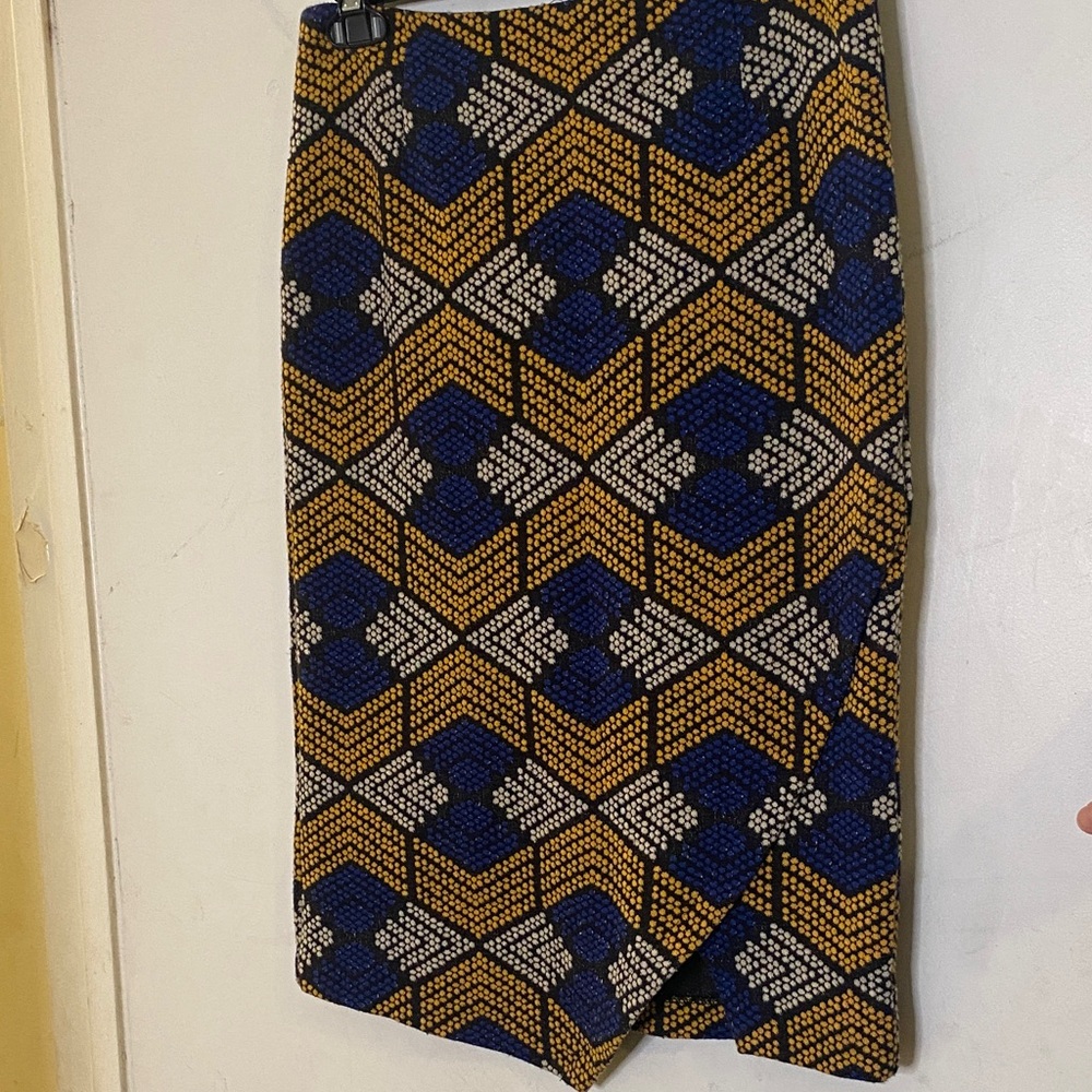 Maeve Geometric Pencil Skirt in Blue, Mustard & Cream
